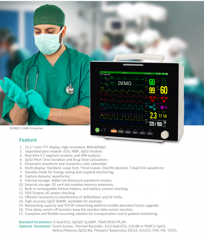 ECG NIBP 800×600 Dpi Patient Monitoring Machine 6 Parameter 12" TFT 0